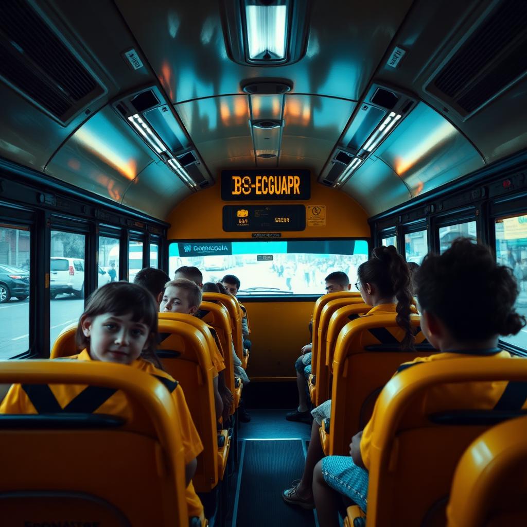 Monitor acompanhando crianças em um ônibus escolar